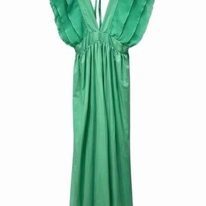 Green Maxi Dress Flutter Sleeve Deep V Resort Vacation Summer Dress